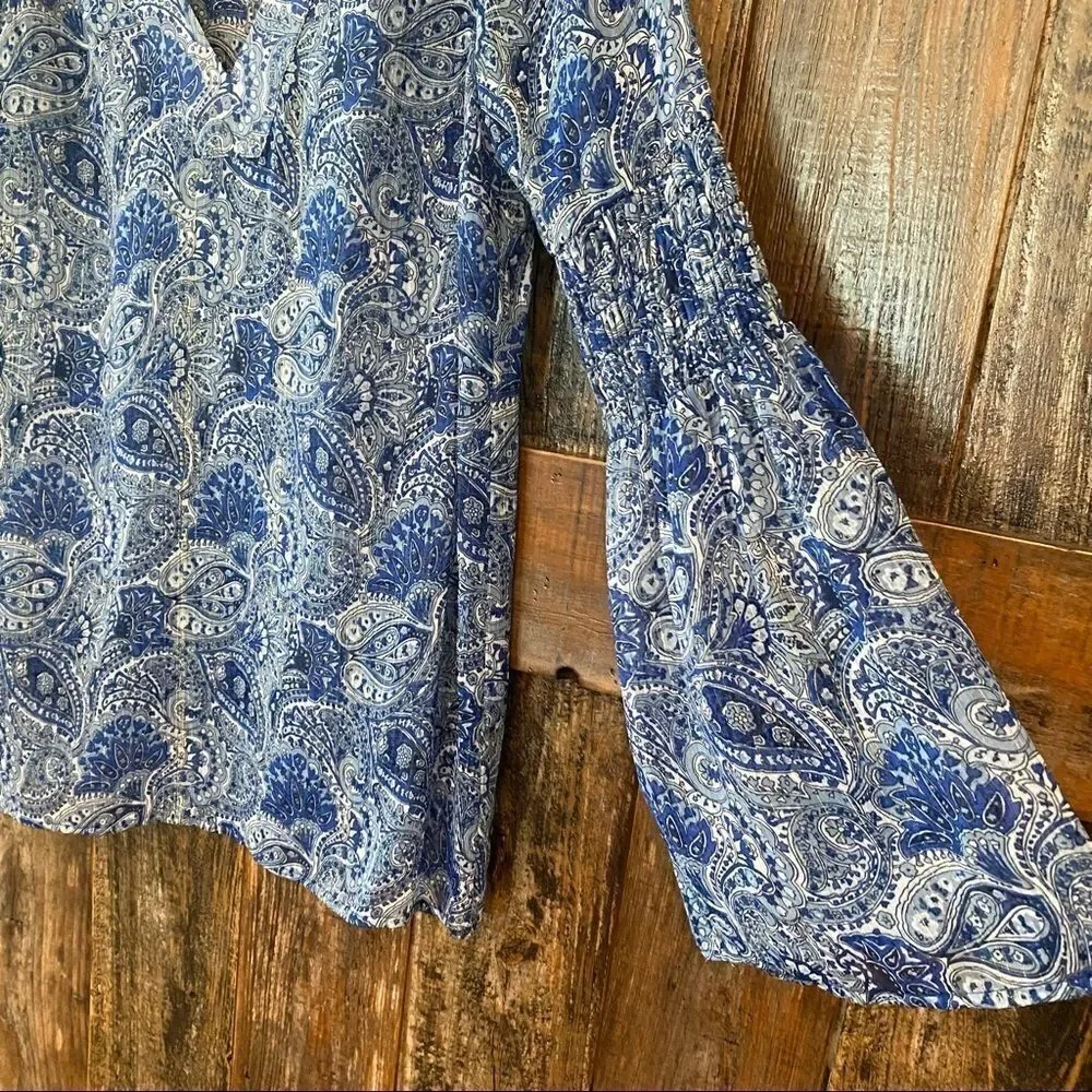 Michael Kors S Blue Gold Threaded Sheer BOHO Smocked Flared Sleeve Relaxed Top